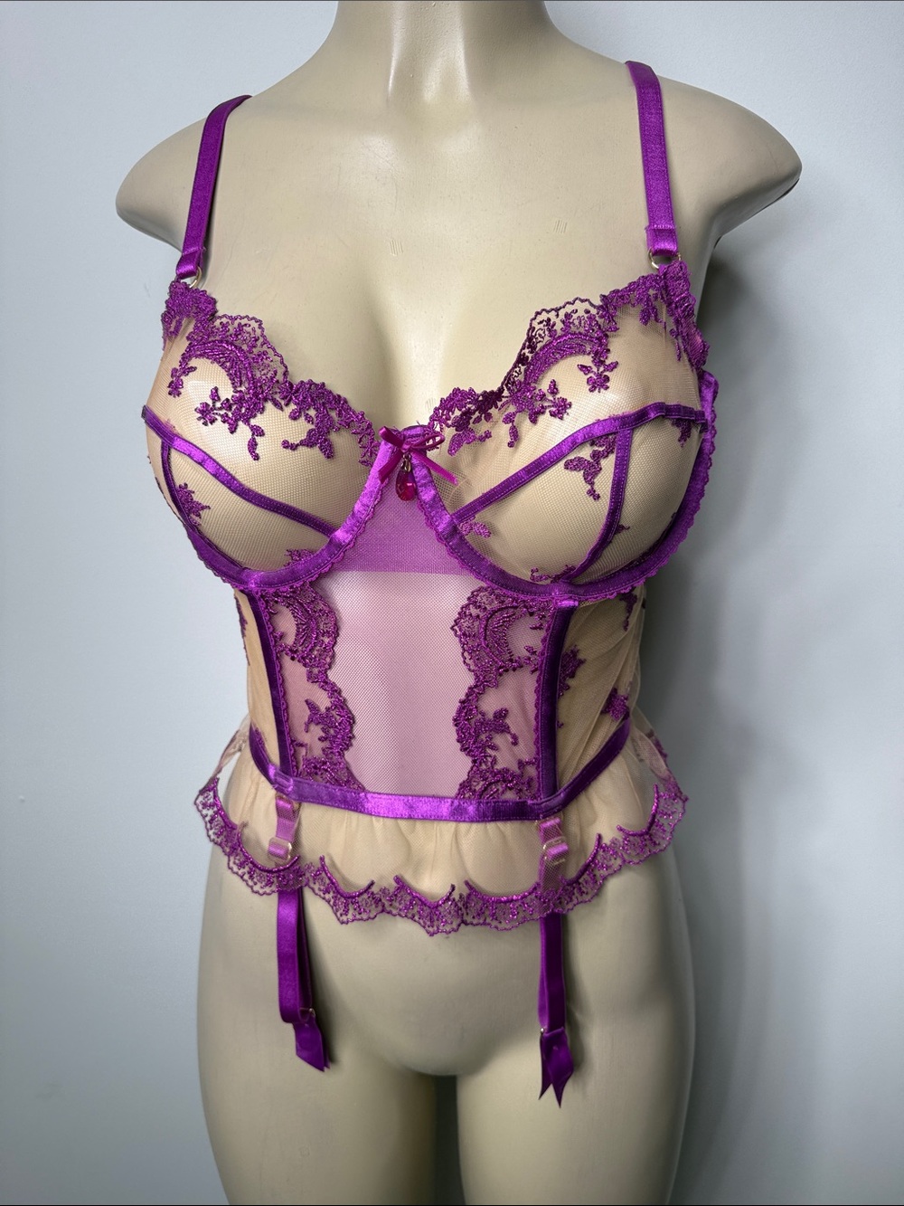 Honey Birdette  Madison Sheer Lace Bustier in Vibrant Purple NWOT